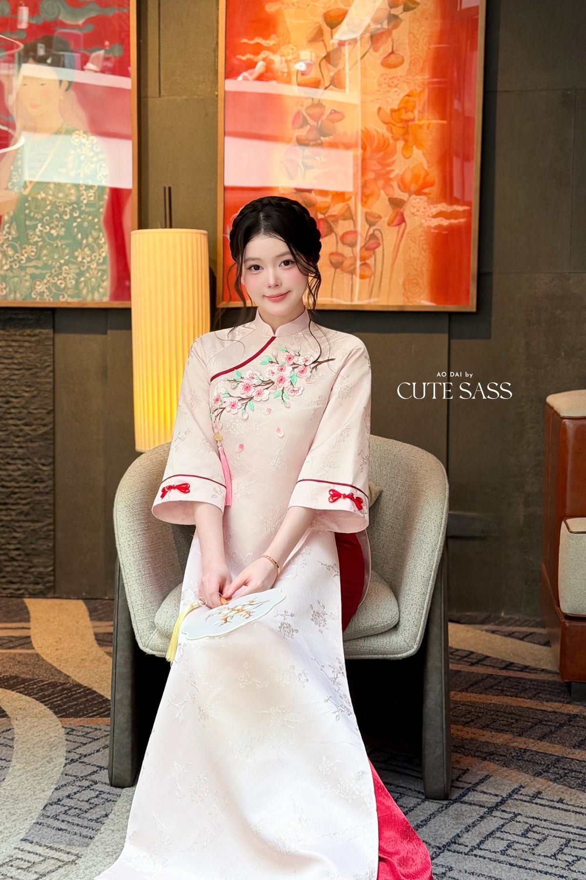 Cream Mid Sleeve 3D Cherry Blossoms Ao Dai Top Only, No Pants