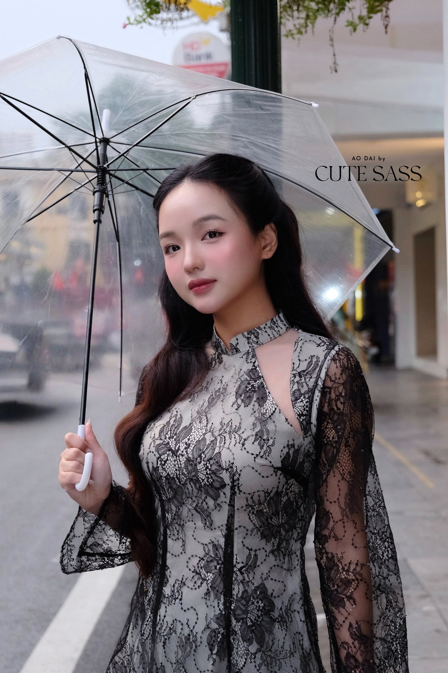 Linh Vy - Black Lace Cutout Ao Dai Top Only, No Pants
