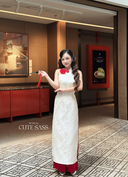 Linh Vy - White Rose Asymmetrical Ao Dai Top Only, No Pants 3E