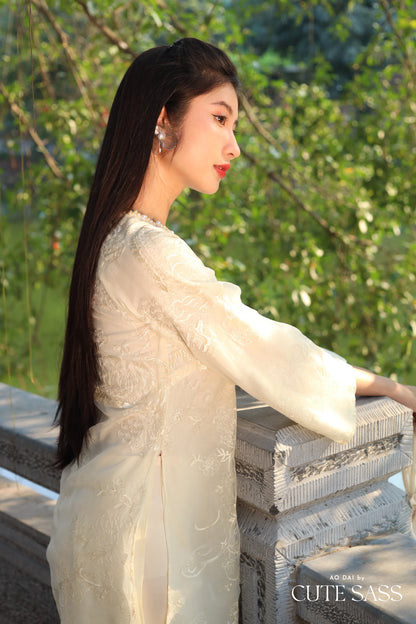 Cream Shifted Embroidery Lion With Pearls Neckline Ao Dai Set