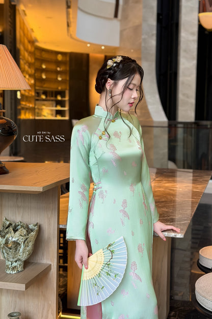 Cyan Silk Long Sleeve High Collar Ao Dai Set