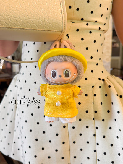 Yellow Gam Vietnamese Ao Dai Set for Labubu – Includes Pants & Round Headband (Doll Not Included)