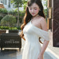 Linh Vy - Hush White Halter Off Shoulder Wing Sleeves Ao Dai Top Only, No Pants