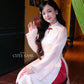 Linh Vy - Haze Cream Teardrop Cutout Red Knot Ao Dai Set
