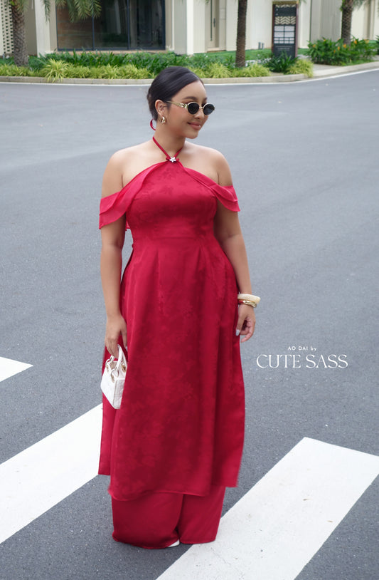 Linh Vy - Hush Red Halter Off Shoulder Wing Sleeve Ao Dai Top Only, No Pants