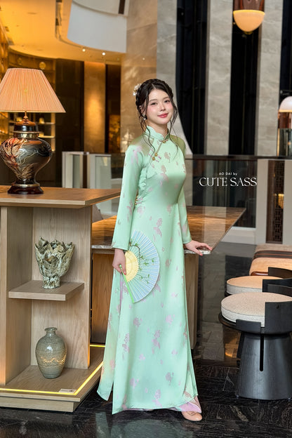 Cyan Silk Long Sleeve High Collar Ao Dai Set