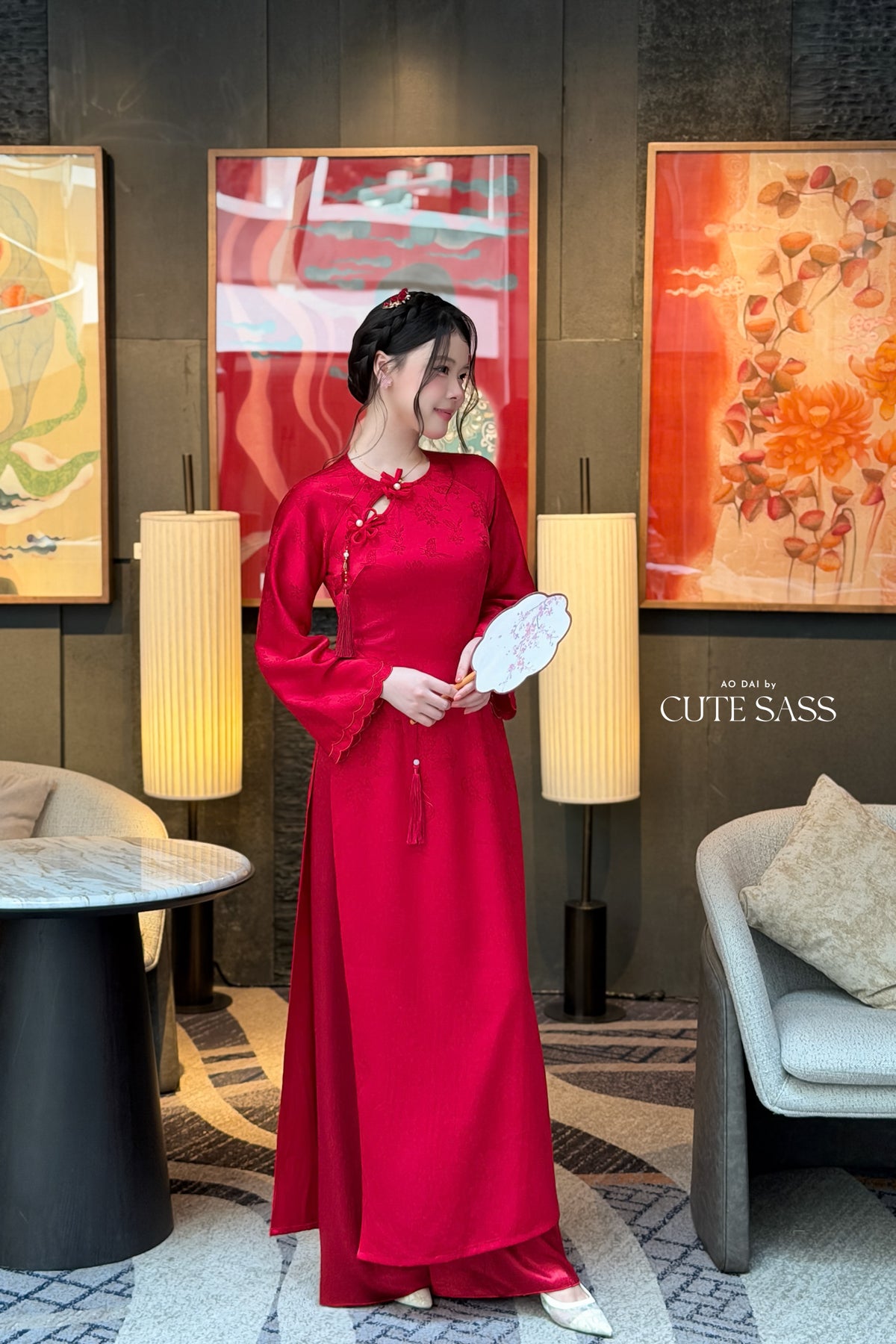 Red Silk Long Sleeve Round Collar Bow Ao Dai Top Only, No Pants