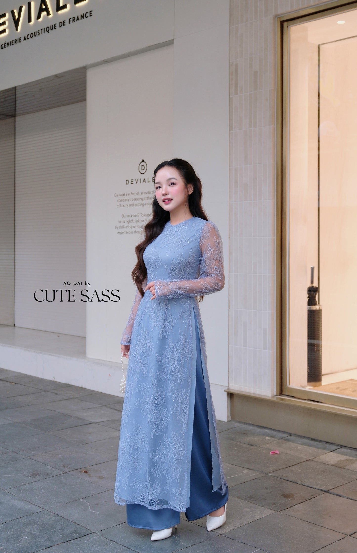 Linh Vy - Blue Lace Round Collar Puffy Sleeves Ao Dai Top Only, No Pants
