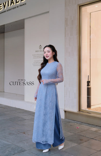 Linh Vy - Blue Lace Round Collar Puffy Sleeves Ao Dai Top Only, No Pants, 26B