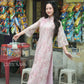 Pink Chiffon Vintage Floral Ao Dai Top Only, NO PANTS