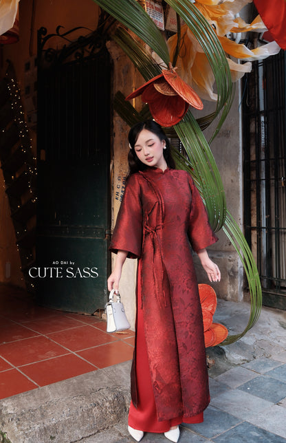 Linh Vy - Gender Fluid Maroon Wide Sleeve Shifted Ao Dai 3B