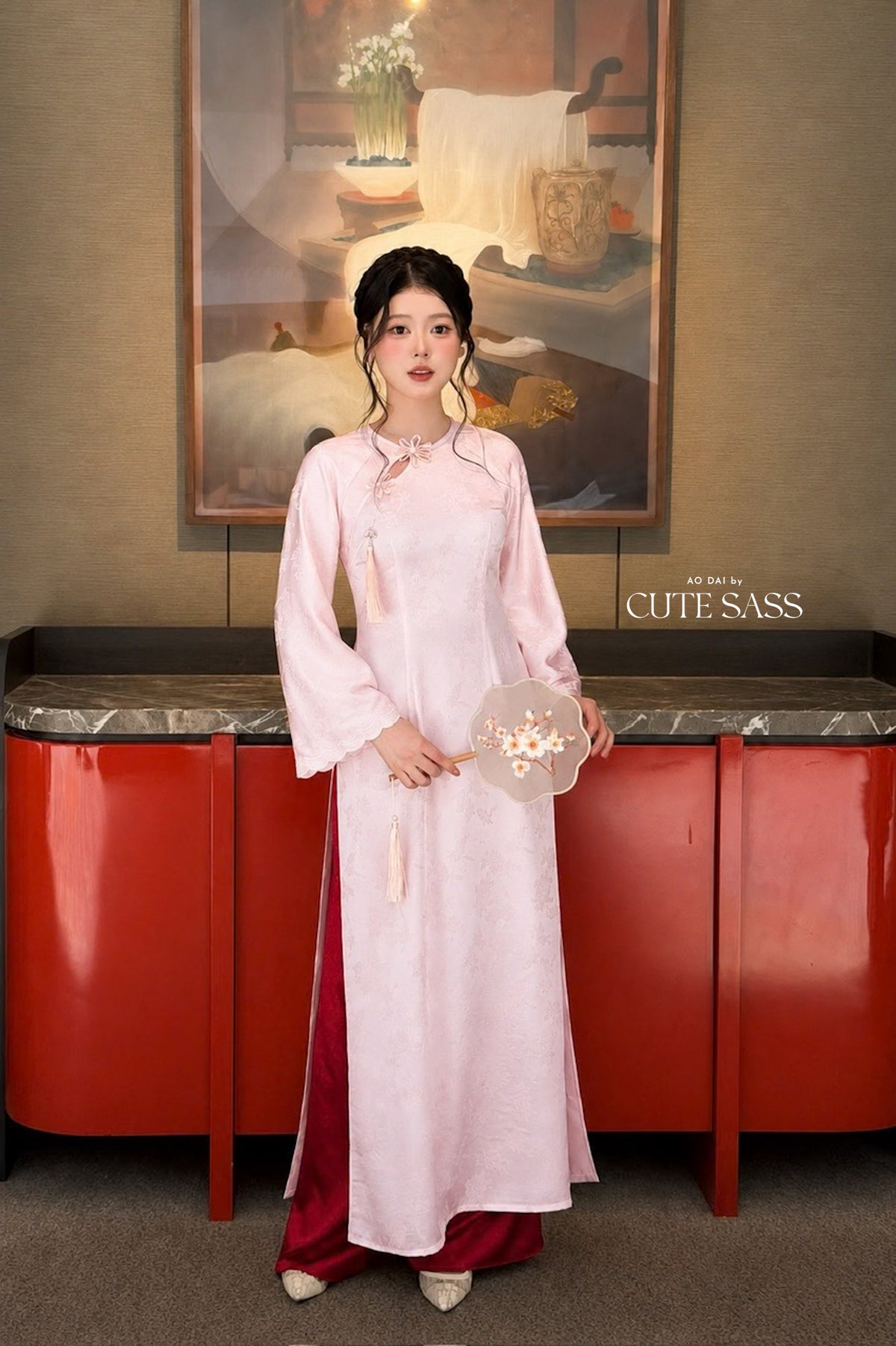 Pink Silk Long Sleeve Round Collar Bow Ao Dai Top Only, No Pants