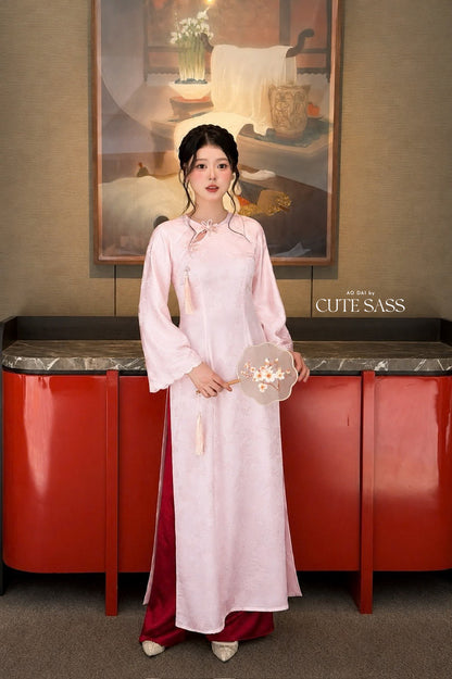 Pink Silk Long Sleeve Round Collar Bow Ao Dai Top Only, No Pants