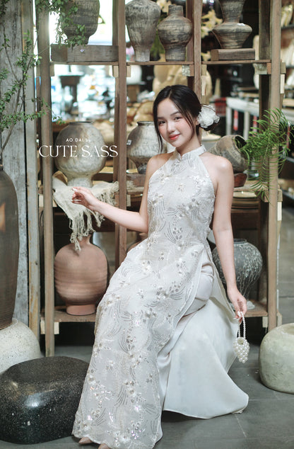 Yen - White Moonbeam Sleeveless Yem-Inspired Ao Dai Top Only, No Pants 15A