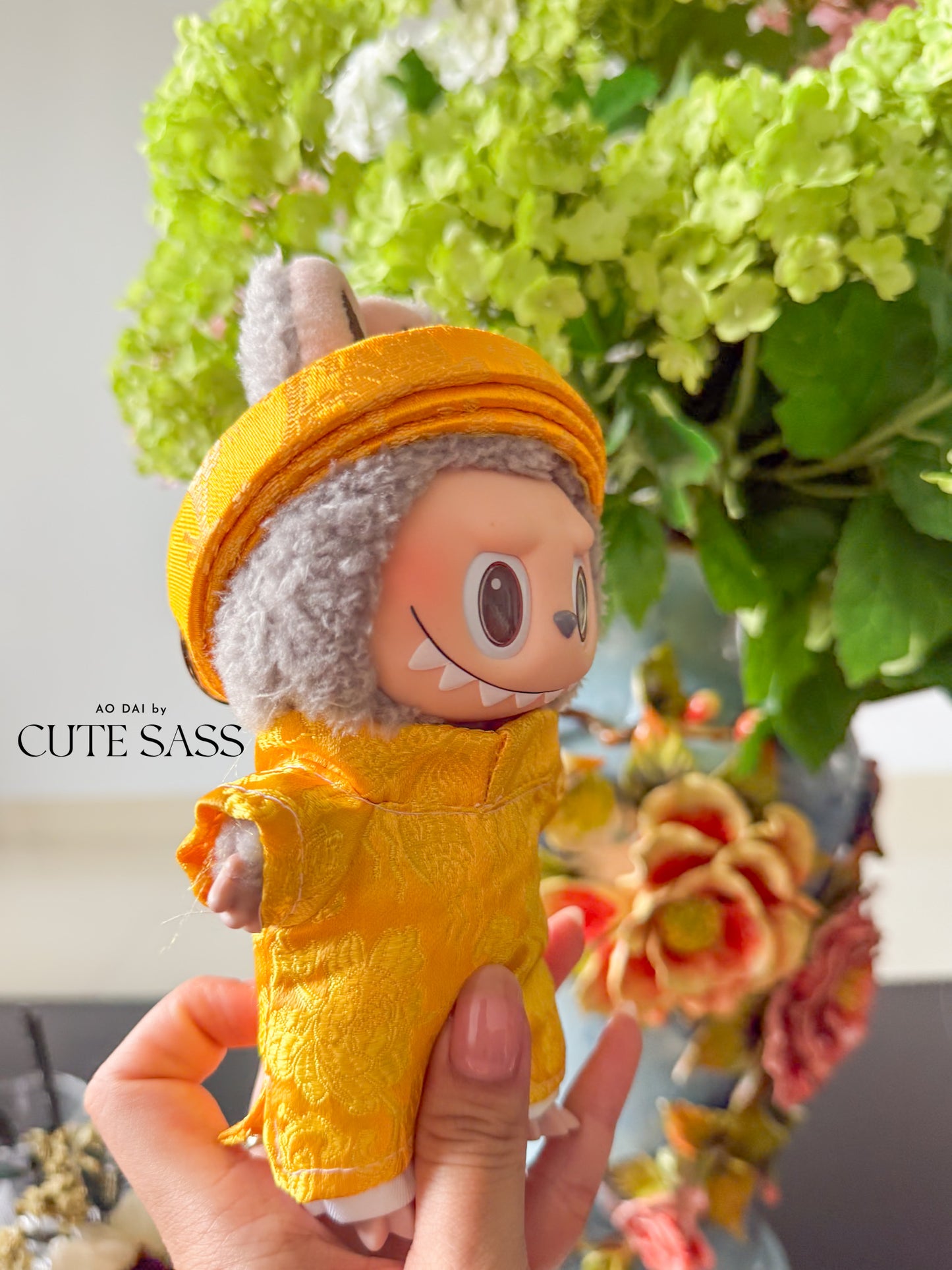 Yellow Gam Vietnamese Ao Dai Set for Labubu – Includes Pants & Headband (Doll Not Included)