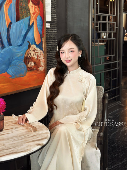 Linh Vy - Cream Shifted Vows Long Sleeve Bows Ao Dai Set 13C