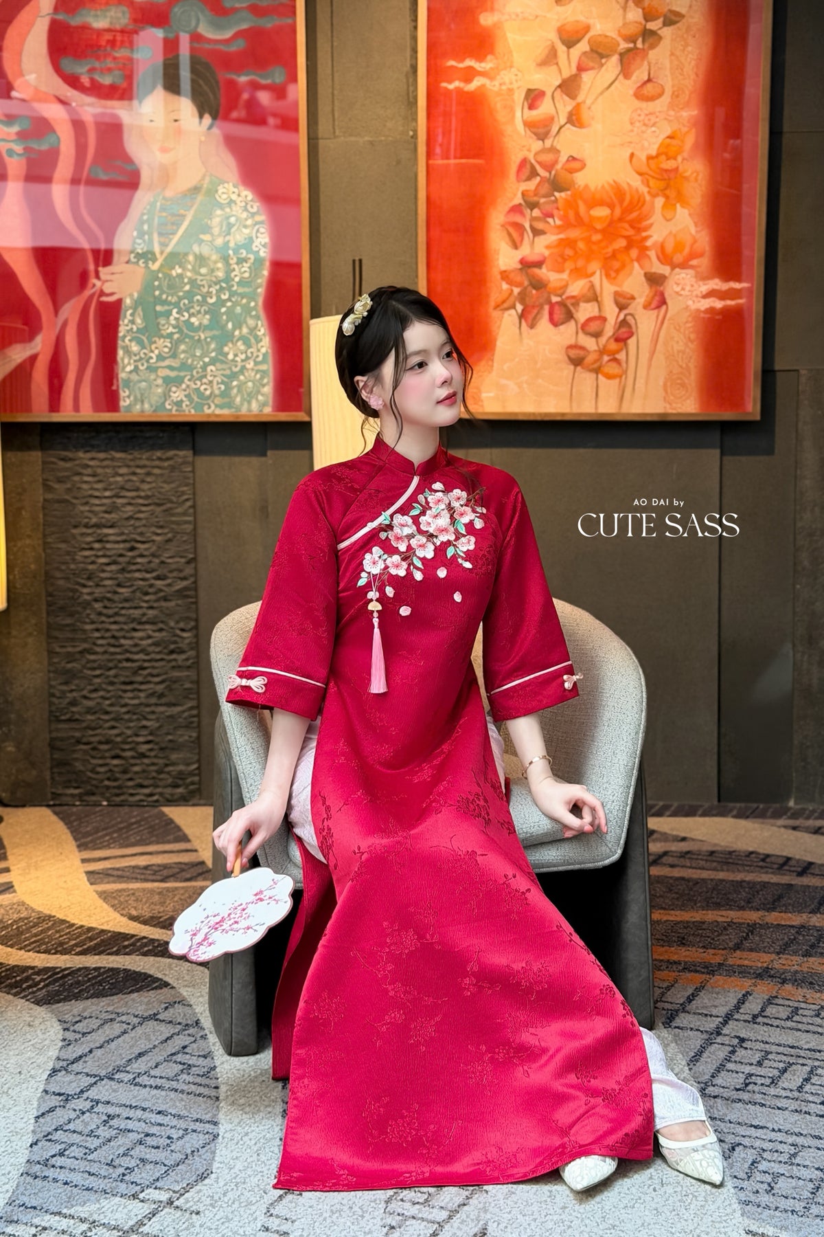 Red Mid Sleeve 3D Cherry Blossoms Ao Dai Top Only, No Pants
