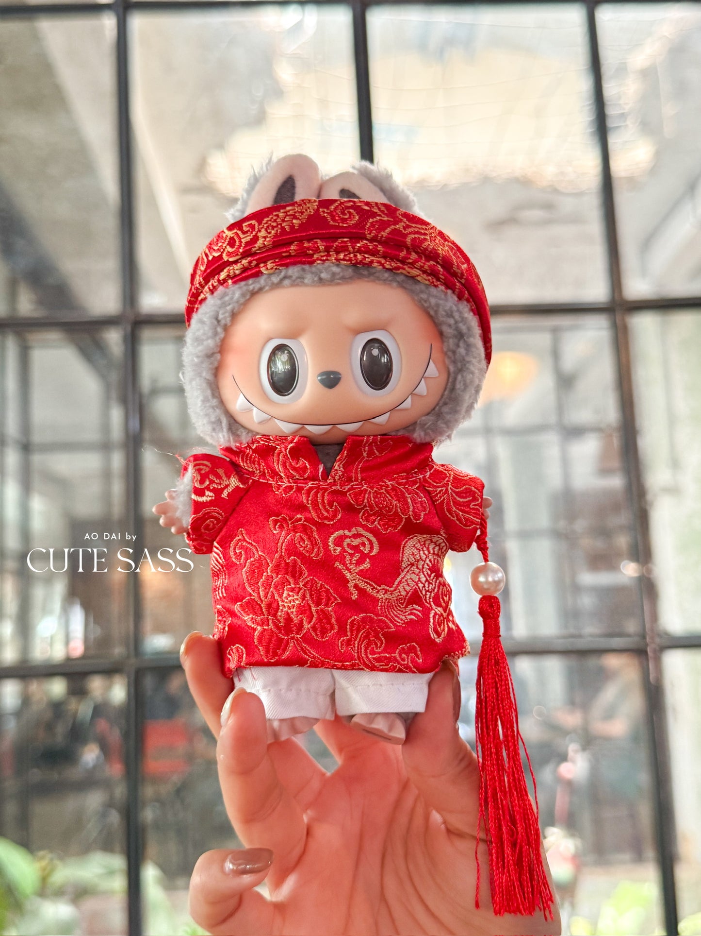 Red Gam Vietnamese Ao Dai Set for Labubu – Includes Pants & Headband (Doll Not Included)