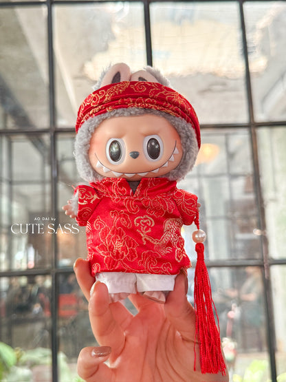 Red Gam Vietnamese Ao Dai Set for Labubu – Includes Pants & Headband (Doll Not Included)