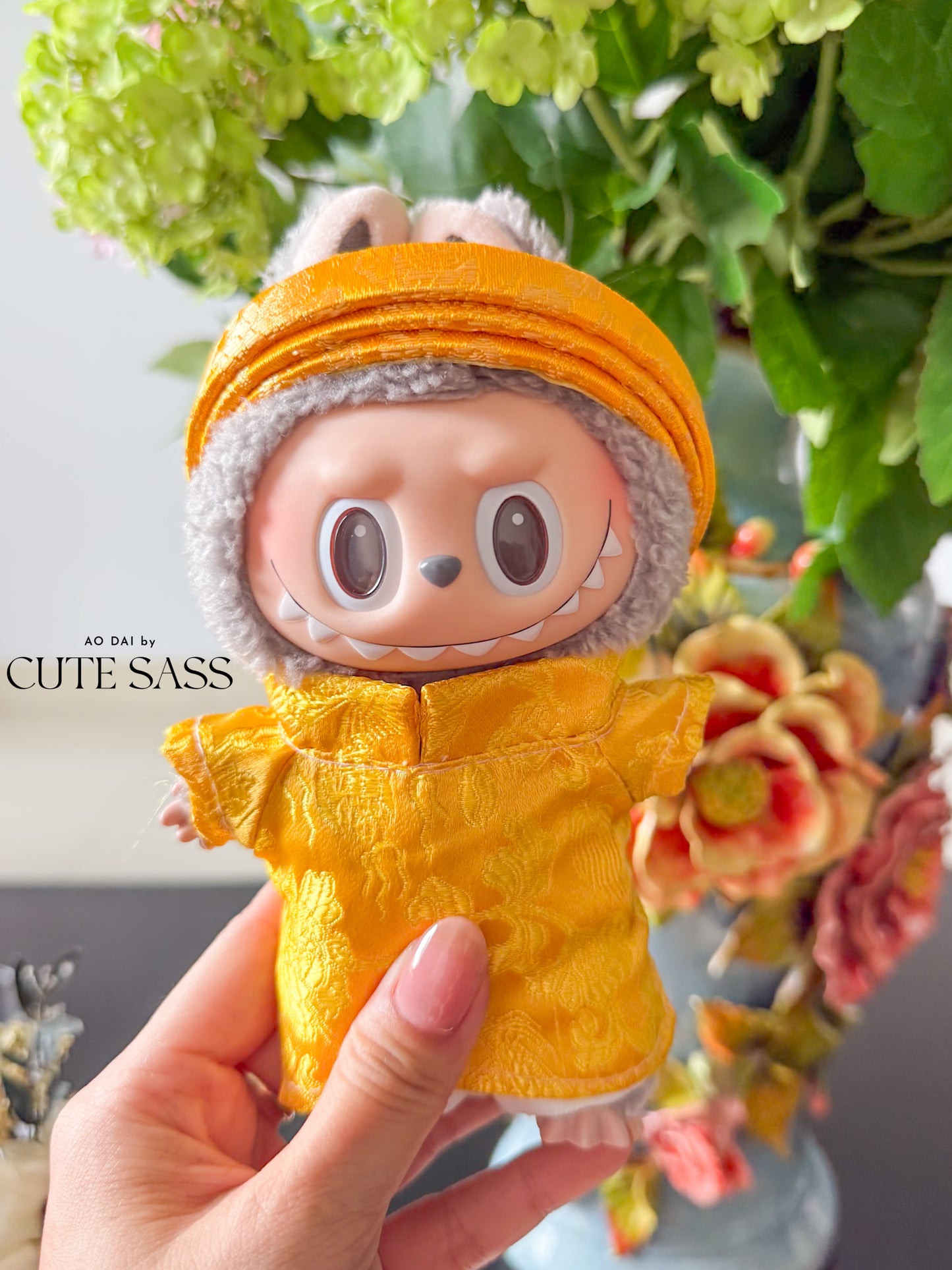 Yellow Gam Vietnamese Ao Dai Set for Labubu – Includes Pants & Headband (Doll Not Included)