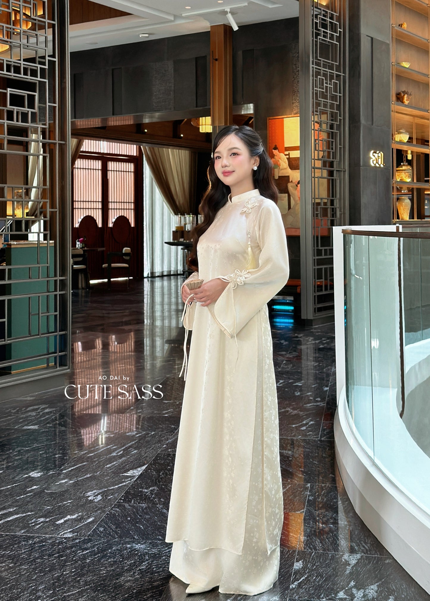 Linh Vy - Cream Vows Long Sleeve Bows Ao Dai Set