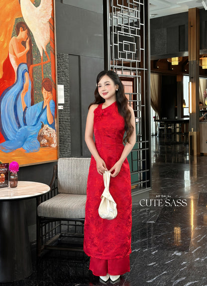 Linh Vy - Red Rose Asymmetrical Ao Dai Top Only, No Pants 3E