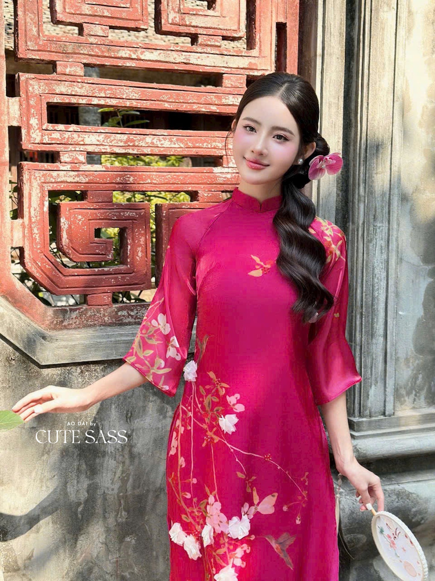 Fuchsia 3D Branches Ao Dai Set 1B