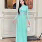 Cyan/Pink 3D Flowers Sparrow Chiffon Ao Dai Set