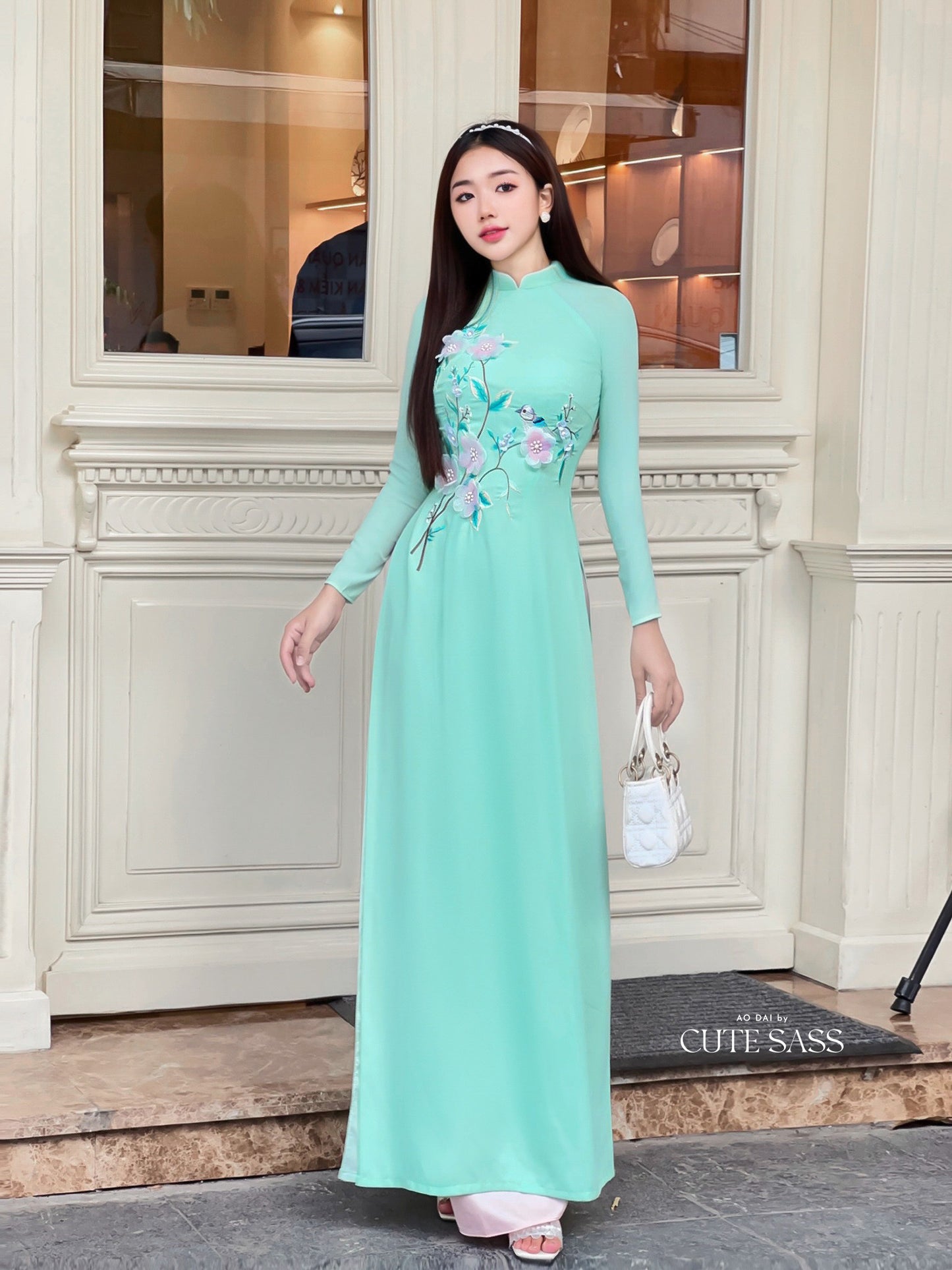 Cyan/Pink 3D Flowers Sparrow Chiffon Ao Dai Set