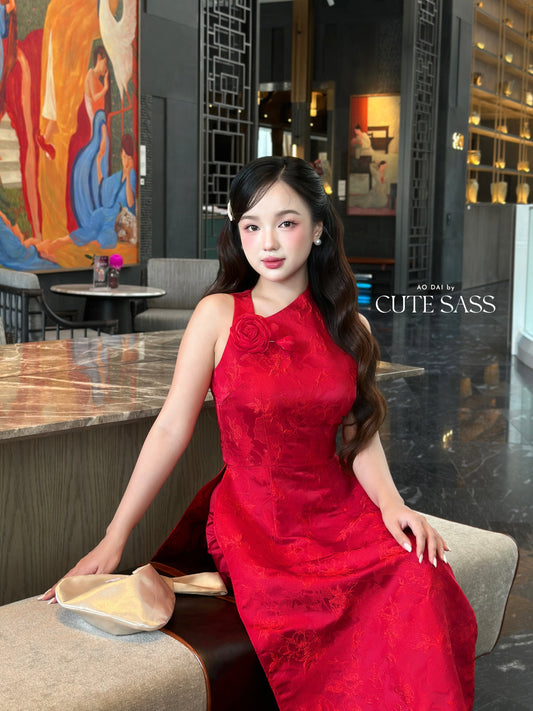 Linh Vy - Red Rose Asymmetrical Ao Dai Top Only, No Pants