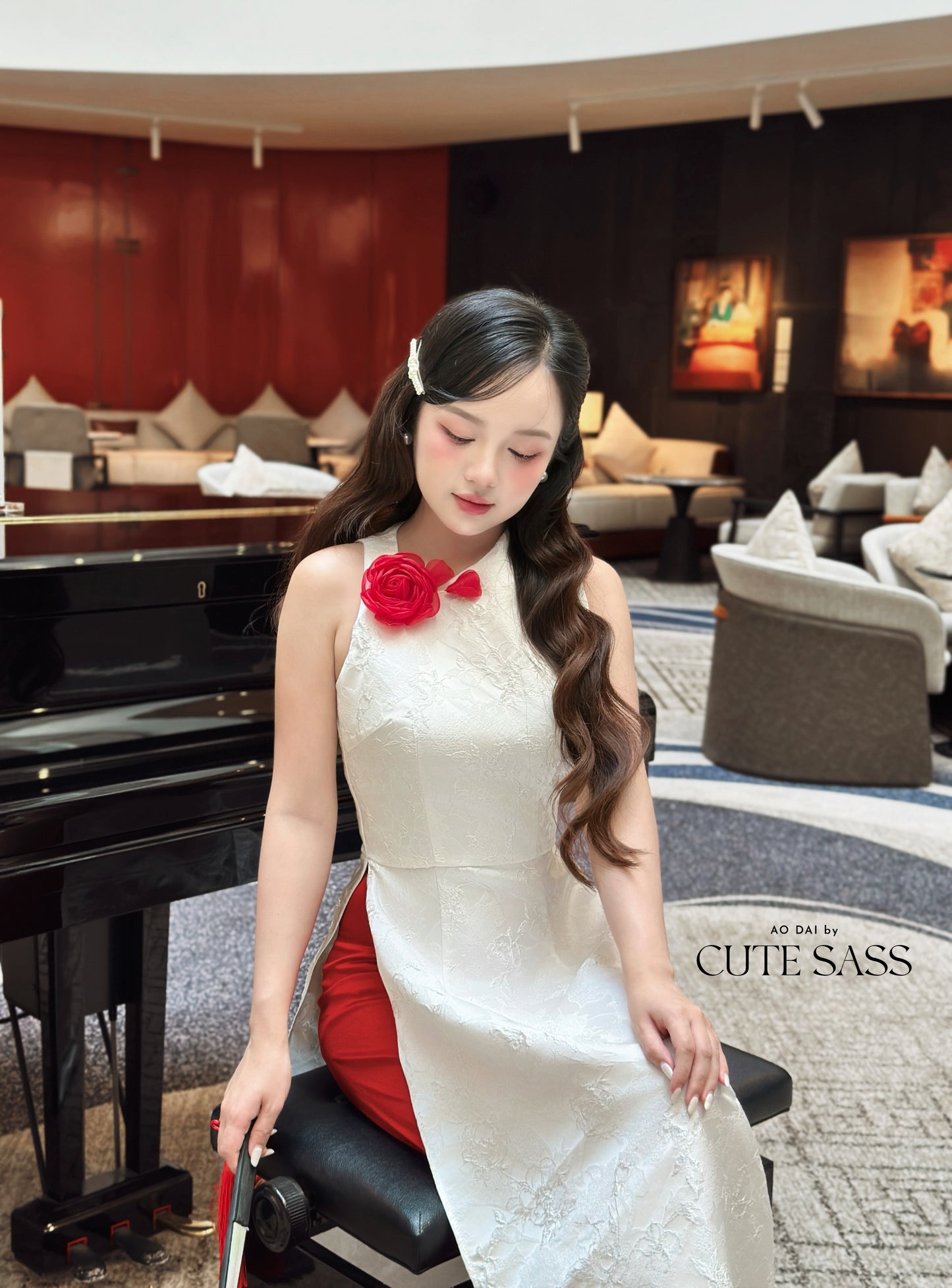 Linh Vy - White Rose Asymmetrical Ao Dai Top Only, No Pants