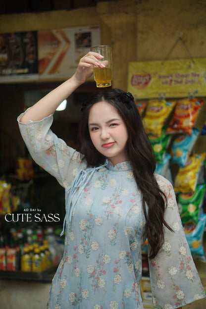 Blue Shifted Chiffon Vintage Floral Ao Dai Top Only, NO PANTS 20A