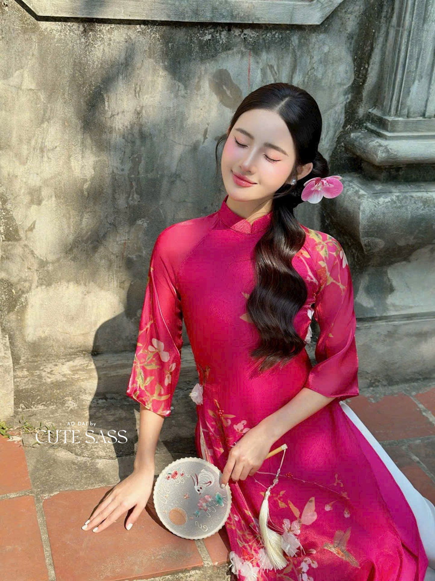 Fuchsia 3D Branches Ao Dai Set 1B