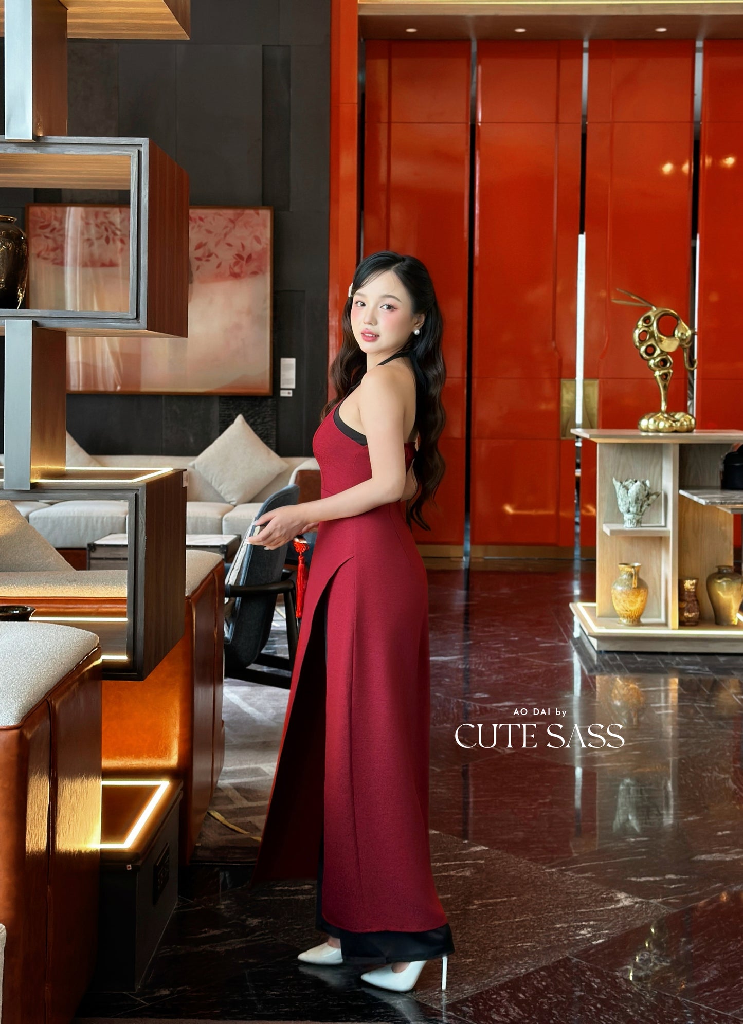 Linh Vy - Black/Red Glance Cross Halter Ao Dai Set
