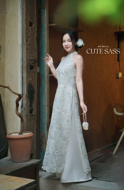 Yen - White Moonbeam Sleeveless Yem-Inspired Ao Dai Top Only, No Pants 15A