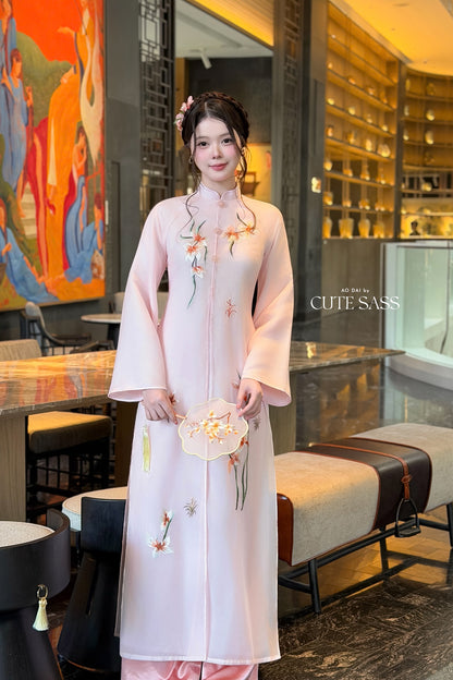 Pink Front Slit Embroidery Iris Chiffon Ao Dai Top Only, No Pants