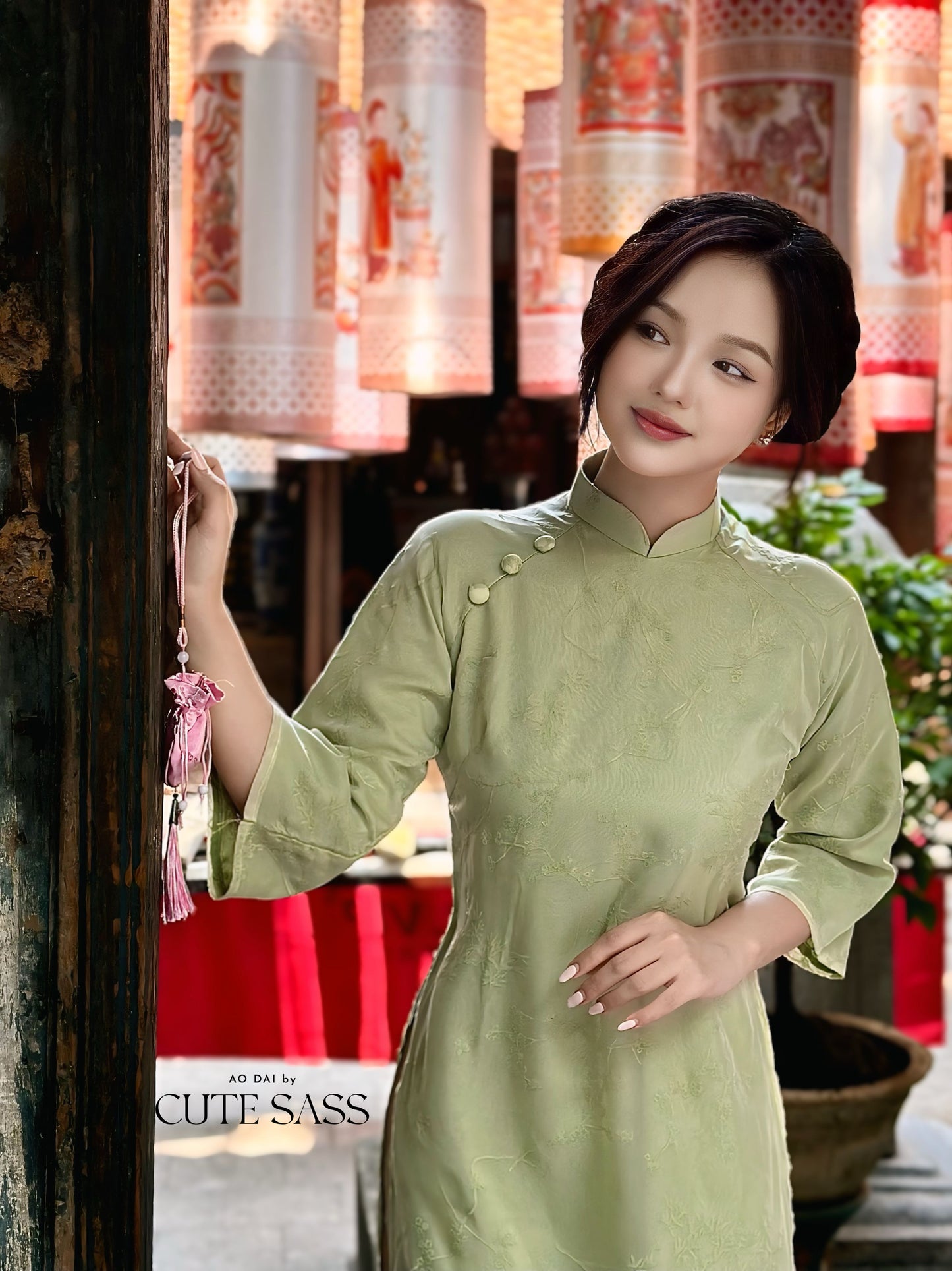 Shifted Bamboo Hidden Patterns with Buttons Ao Dai Top Only, NO PANTS (5 Colors)