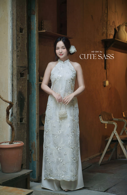 Yen - White Moonbeam Sleeveless Yem-Inspired Ao Dai Top Only, No Pants 15A