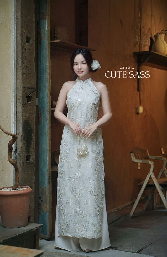 Yen - White Moonbeam Yem-Inspired Ao Dai Top Only, No Pants