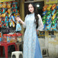 Blue Chiffon Vintage Floral Ao Dai Top Only, NO PANTS