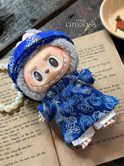 Blue Gam Vietnamese Ao Dai Set for Labubu – Includes Pants & Headband (Doll Not Included)