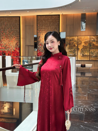 Linh Vy - Red Shifted Vows Long Sleeve Bows Ao Dai Set 13C, 14C