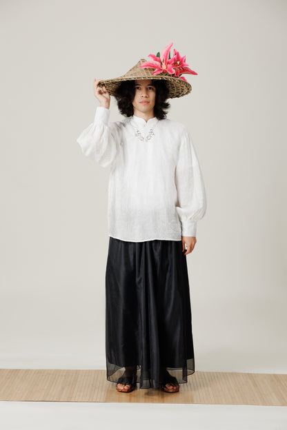 Vân - Gender Fluid White High Collar Barrel Sleeves Button Top, No Pants 60C