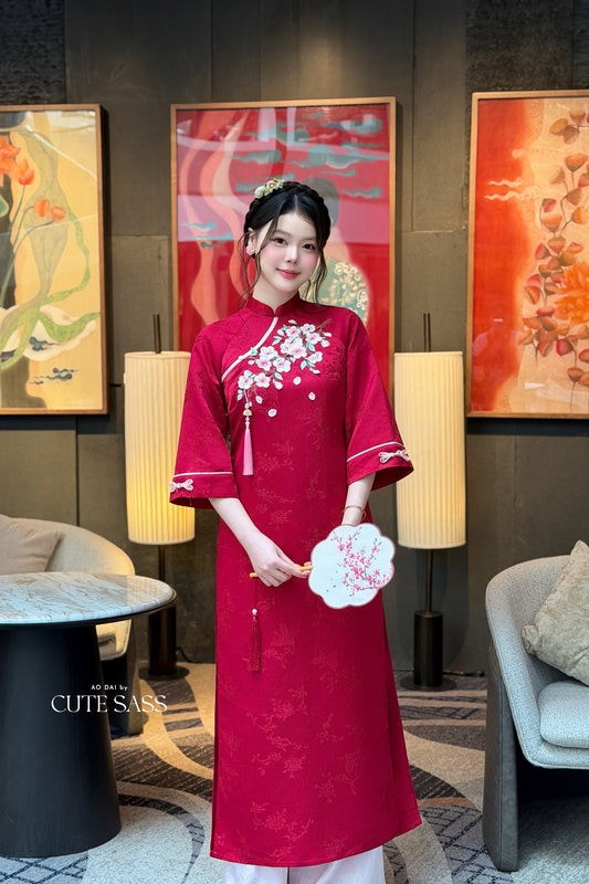 Red Mid Sleeve 3D Cherry Blossoms Ao Dai Top Only, No Pants