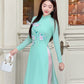 Cyan/Pink 3D Flowers Sparrow Chiffon Ao Dai Set