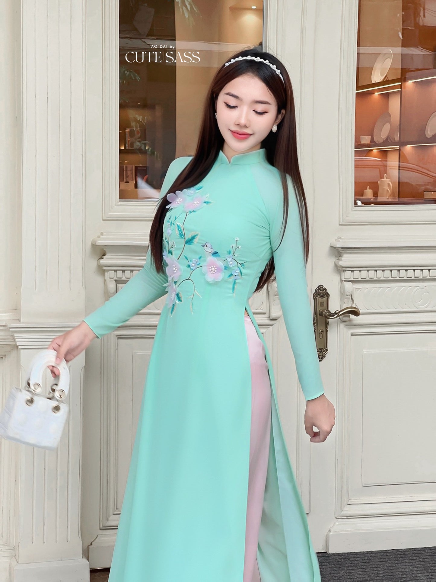 Cyan/Pink 3D Flowers Sparrow Chiffon Ao Dai Set