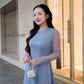 Linh Vy - Blue Lace Round Collar Puffy Sleeves Ao Dai Top Only, No Pants