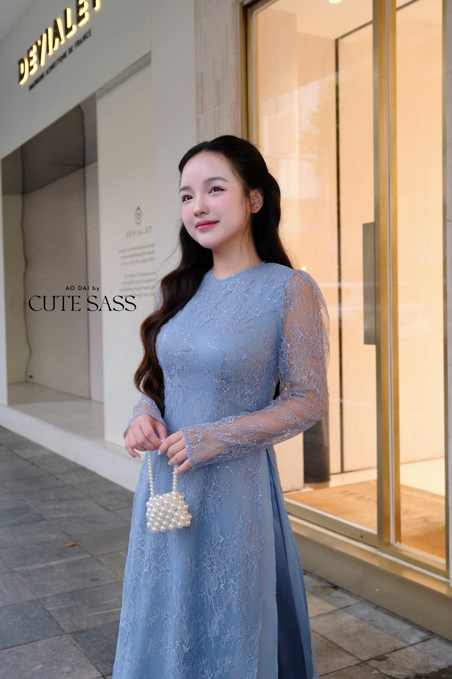 Linh Vy - Blue Lace Round Collar Puffy Sleeves Ao Dai Top Only, No Pants