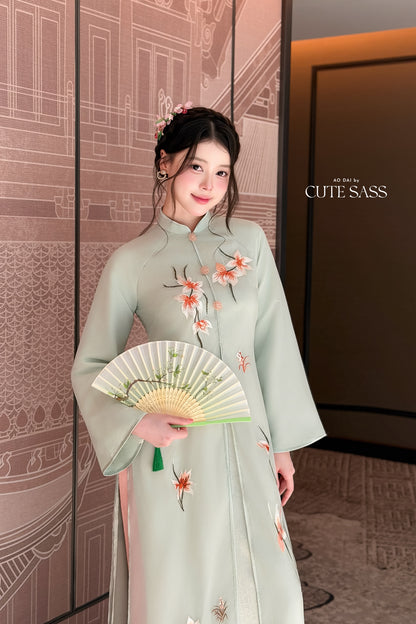 Cyan Front Slit Embroidery Iris Chiffon Ao Dai Top Only, No Pants