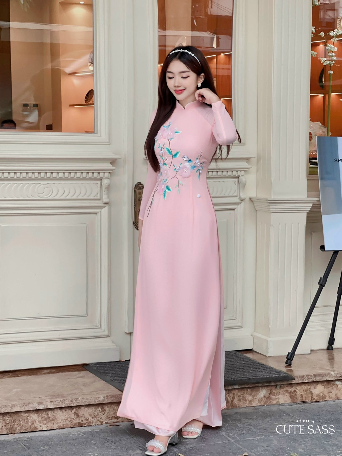 Cyan/Pink 3D Flowers Sparrow Chiffon Ao Dai Set